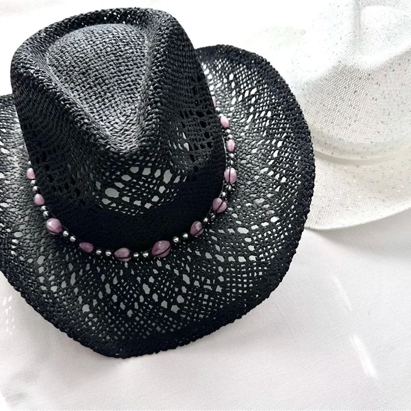 Black Western Cowboy Hat with Pink Beads - Picture 5 of 8